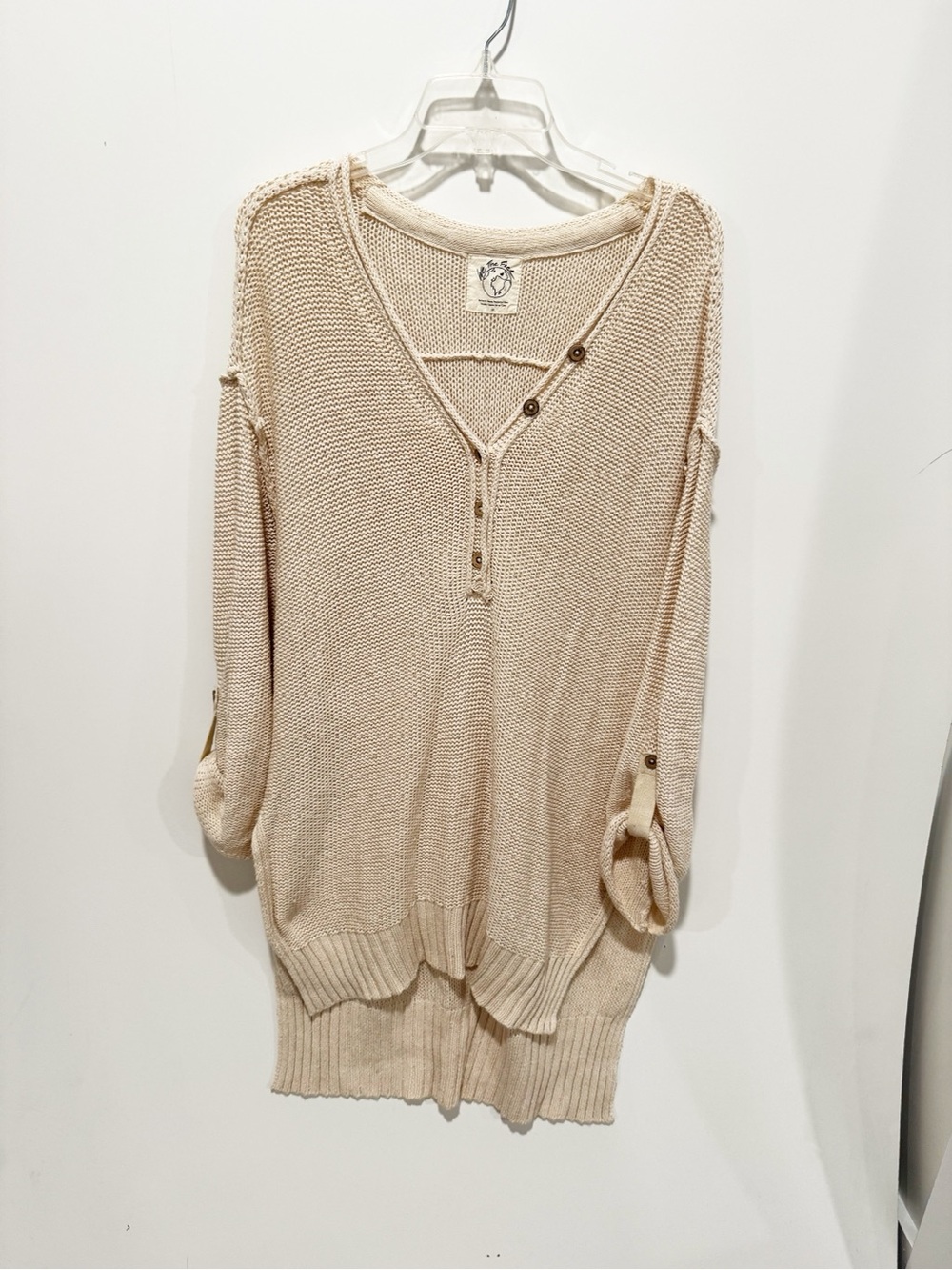 Free People We The Free Cream Oversized Knit Henley Sweater Dress Size S